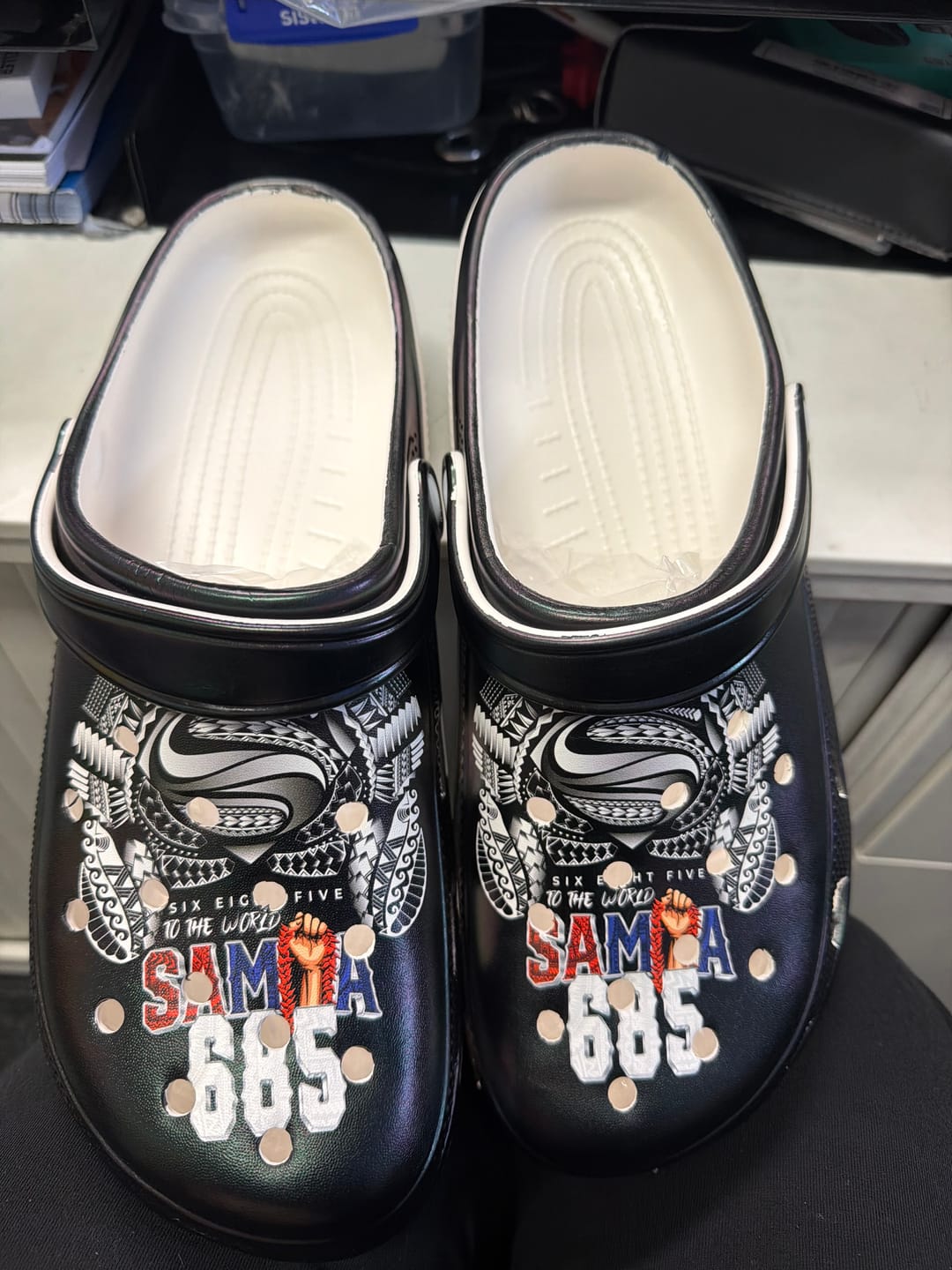 Customer photo review of Super Samoa-Six Eight Five to The World Clogs Shoes Traditional Samoan Tattoo Black Color LT03