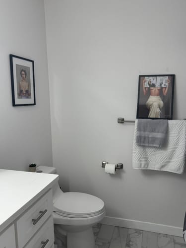 Customer's White Gallery Mat Board used in a black picture frame hanging on a white bathroom wall.