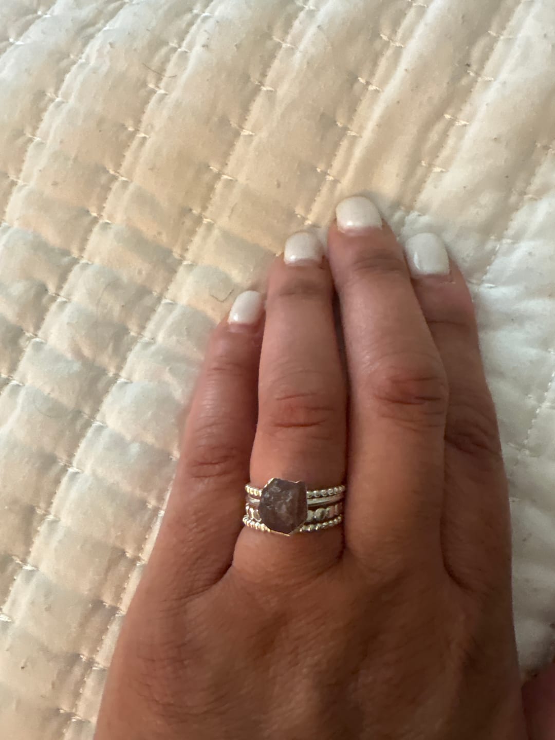 Customer photo review of Raw Strawberry Quartz Silver Stacking Ring Set