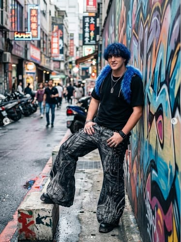 Reviewer wearing the flared patchwork jeans in black, posing against a colorful graffiti wall.