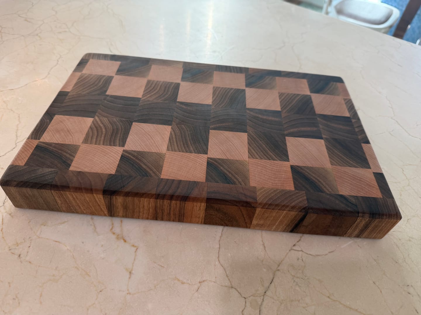 Customer photo review of Personalized Double-sided Walnut and Maple End Grain Cutting Board