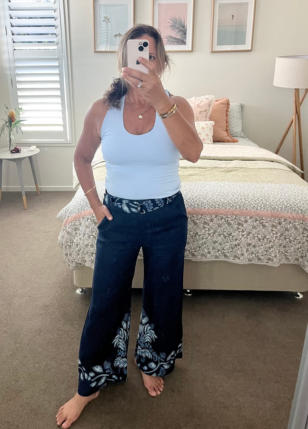 Customer photo review of UNDER 5'4 Sloane Linen Viscose Wide Leg Pant with D-Ring Belt in Moonlit Batik