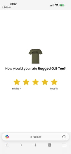 Customer screenshot showing the rating page for the Rugged O.G Tee.