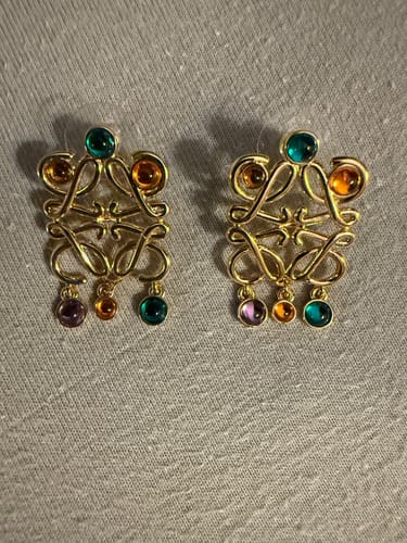 Customer's ANAGRAM MULTICOLOR GOLD LARGE EARRINGS, showing the intricate gold design and colorful gems.