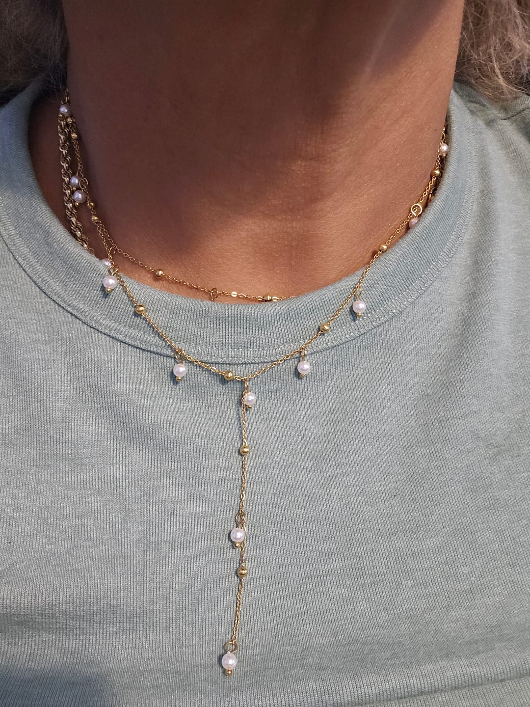 Customer photo review of Lariat Pearl Drop Necklace