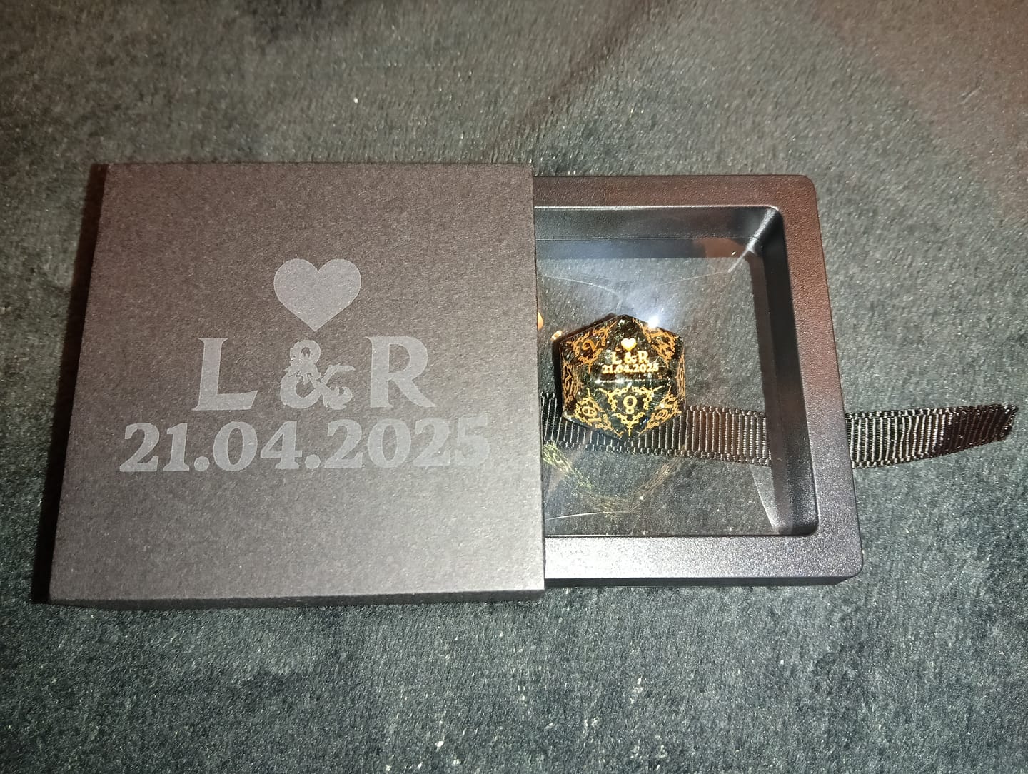 Customer photo review of Custom Anniversary D20 Dice – Personalized D&D Gift