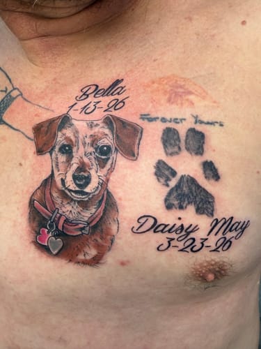 Customer shows a detailed memorial tattoo on their chest, the result of a session using The Painless All-Stars Kit.