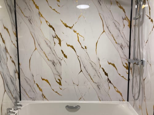 Customer photo review of Premium White Gold Marble Gloss Shower Wall Panel – 1M x 2.4M
