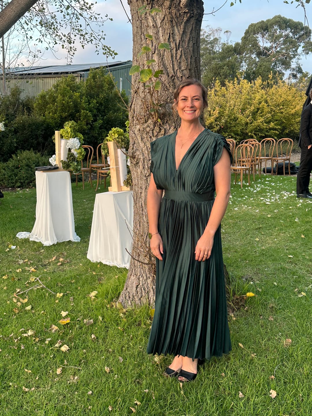 Customer photo review of Anetta Midi Dress In Pleated Emerald Satin