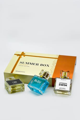 Customer's Summer Box, showing the gift box and the three included perfume bottles arranged in front on a white surface.