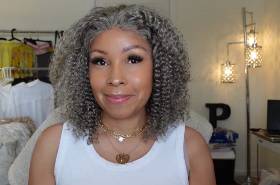 Customer photo review of Luvwin 5x5 Deep Curly Salt And Pepper Glueless Gray Color Pre-Cut Lace Bob Wig