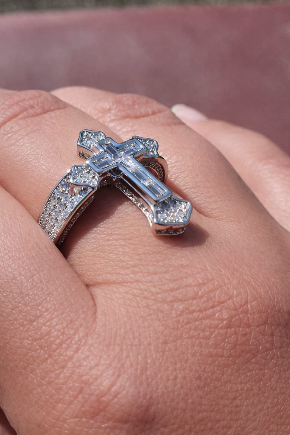 Customer photo review of Christianartworkshop Central Cross Motif Ring with Cubic Zirconia Accents: Carry His Care in Daily Wear