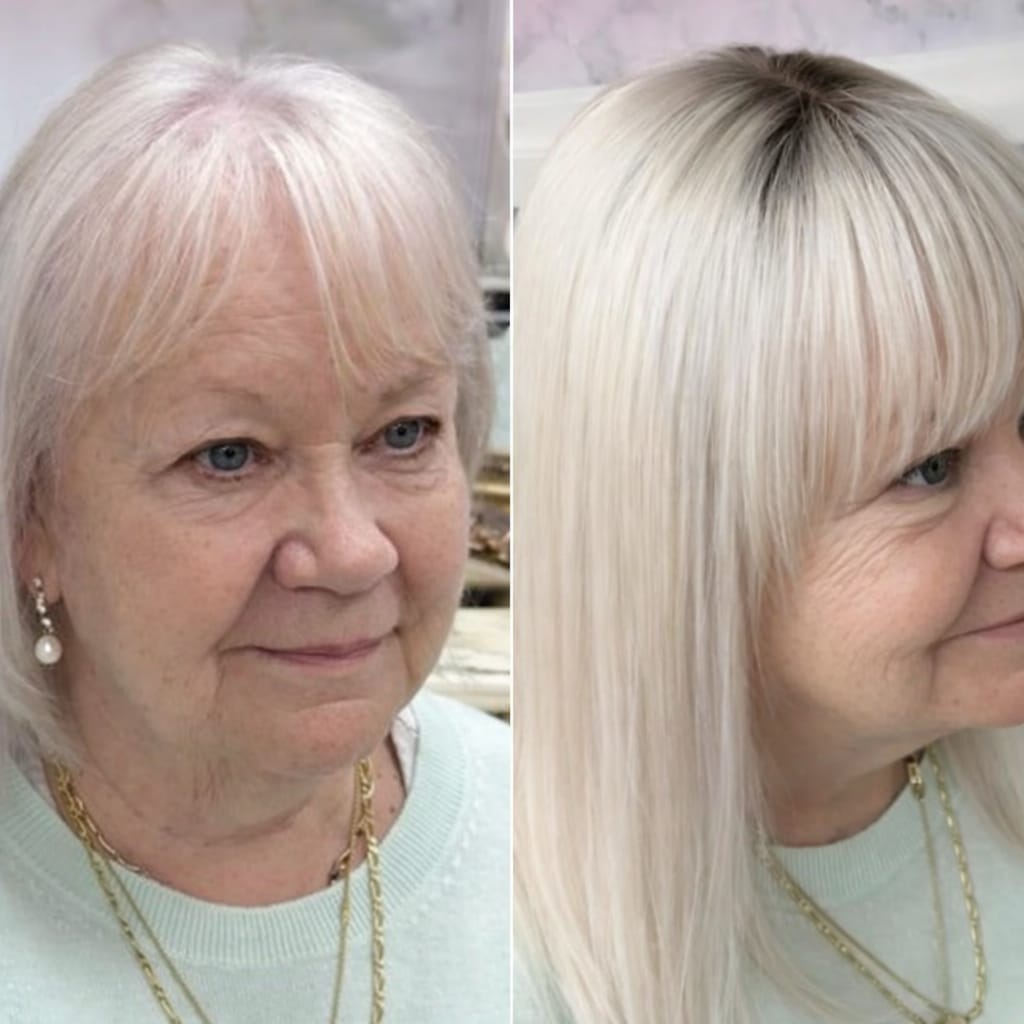 Customer photo review of Ombre Dark Roots White Blonde Mono Top Human Hair Toppers for Women