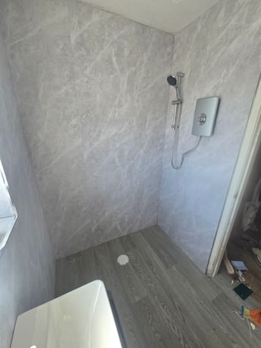 Customer photo review of Premium Light Grey Marble Matt Shower Wall Panel – 1M x 2.4M
