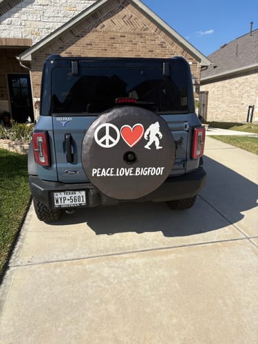 Customer photo review of Peace Love Bigfoot Sasquatch Spare Tire Cover for Bronco, Jeep, RV, Camper, & More