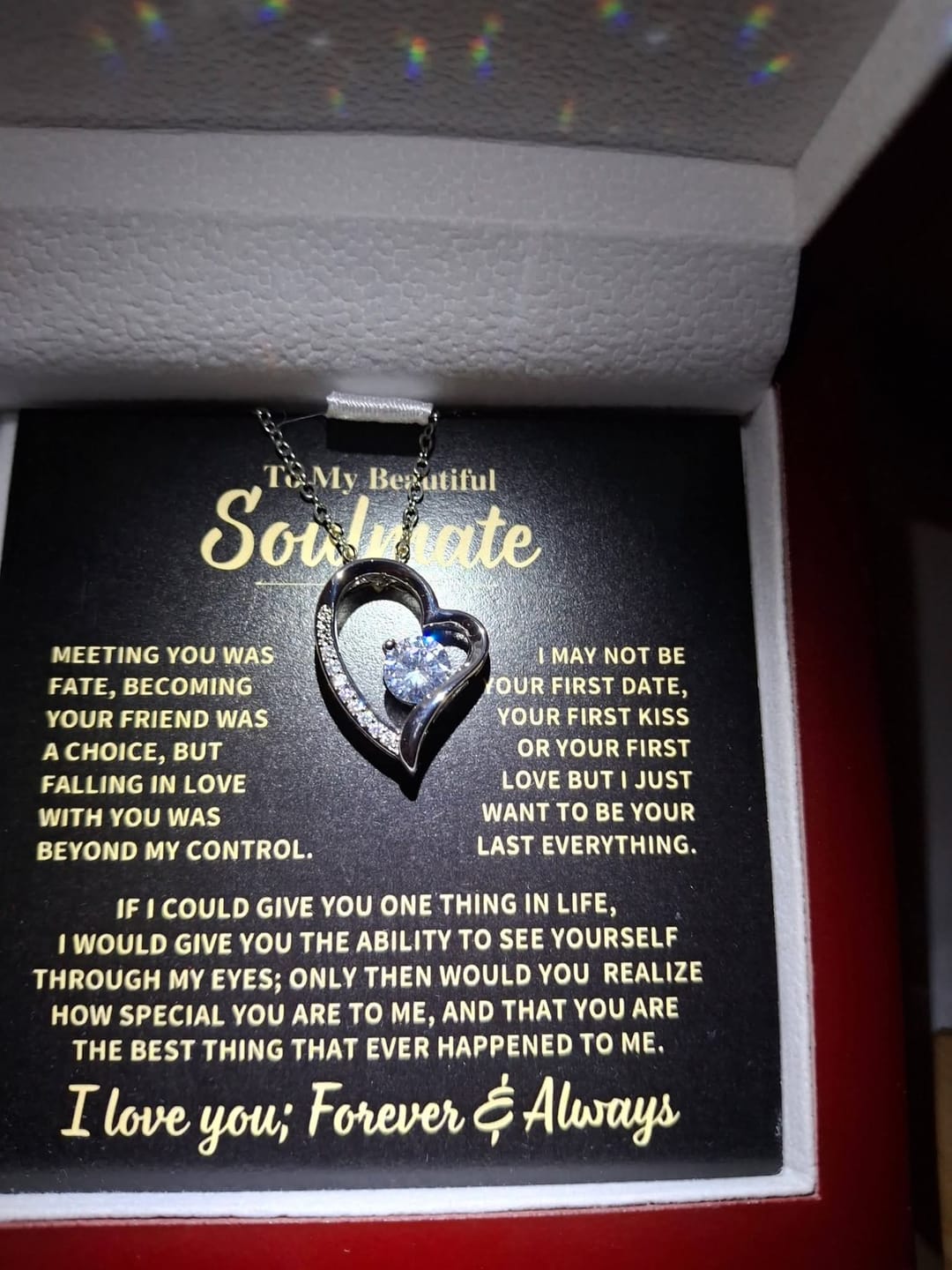 Customer photo review of To My Beautiful Soulmate Gift, "Meeting You Was Fate" Heart Necklace