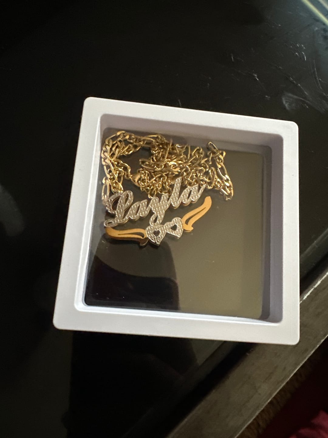 Customer photo review of Double Plated Hearts Name Necklace w/ Figaro Chain