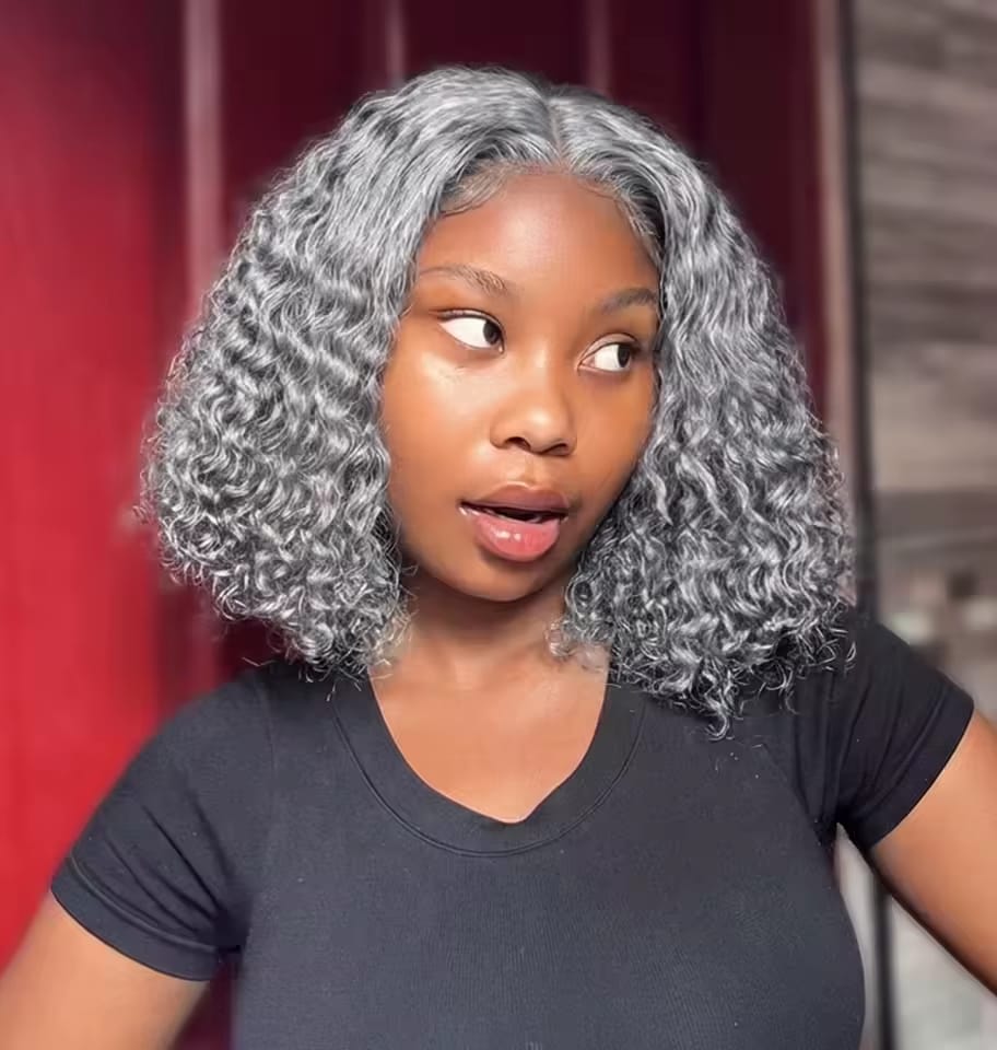 Customer photo review of Luvwin 5x5 Deep Curly Salt And Pepper Glueless Gray Color Pre-Cut Lace Bob Wig