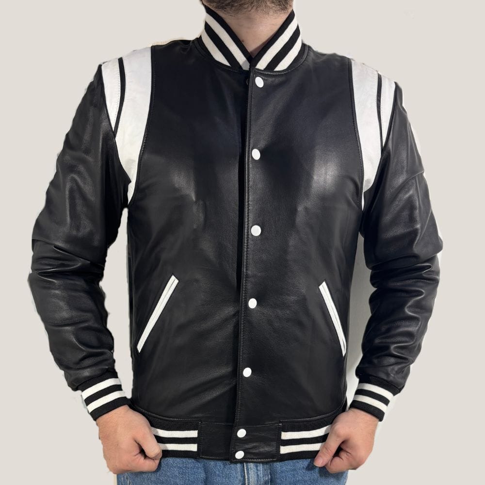Customer photo review of Campio Varsity Black Leather Jacket For Men