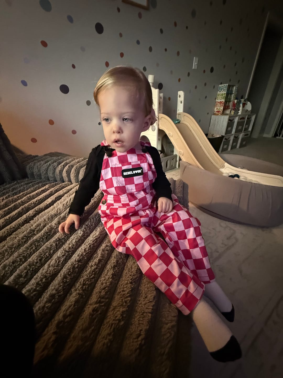 Customer photo review of Overalls in Bubble Gum Checkered
