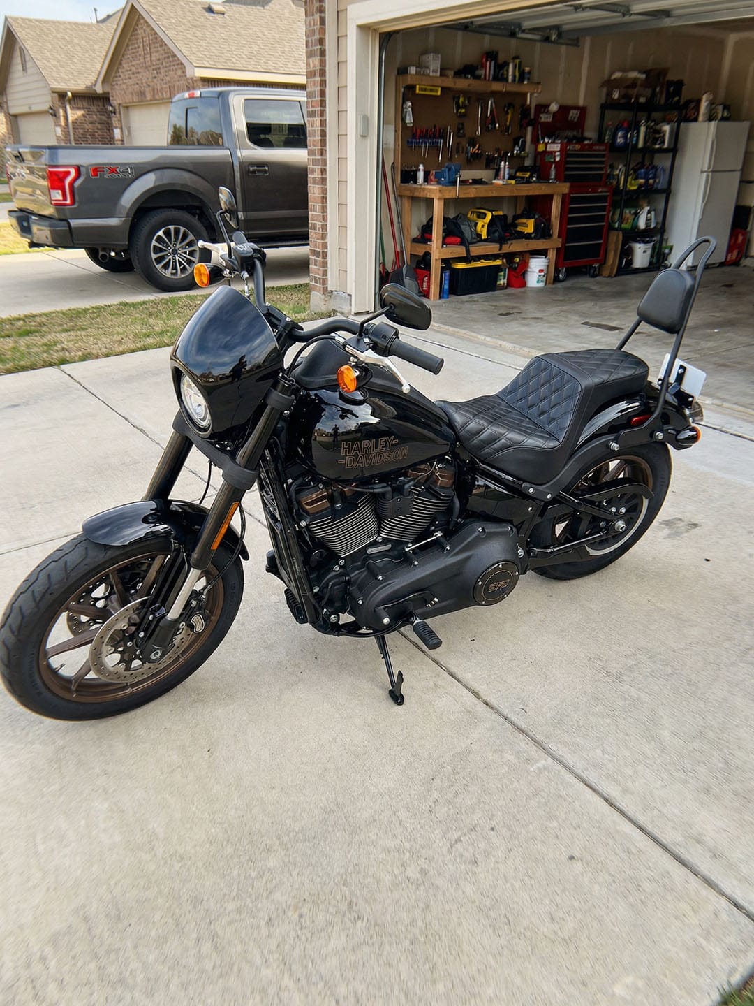 Customer photo review of Iron Born Diamond Stitch 2-Up Seat for Harley Softail Low Rider S FXLRS