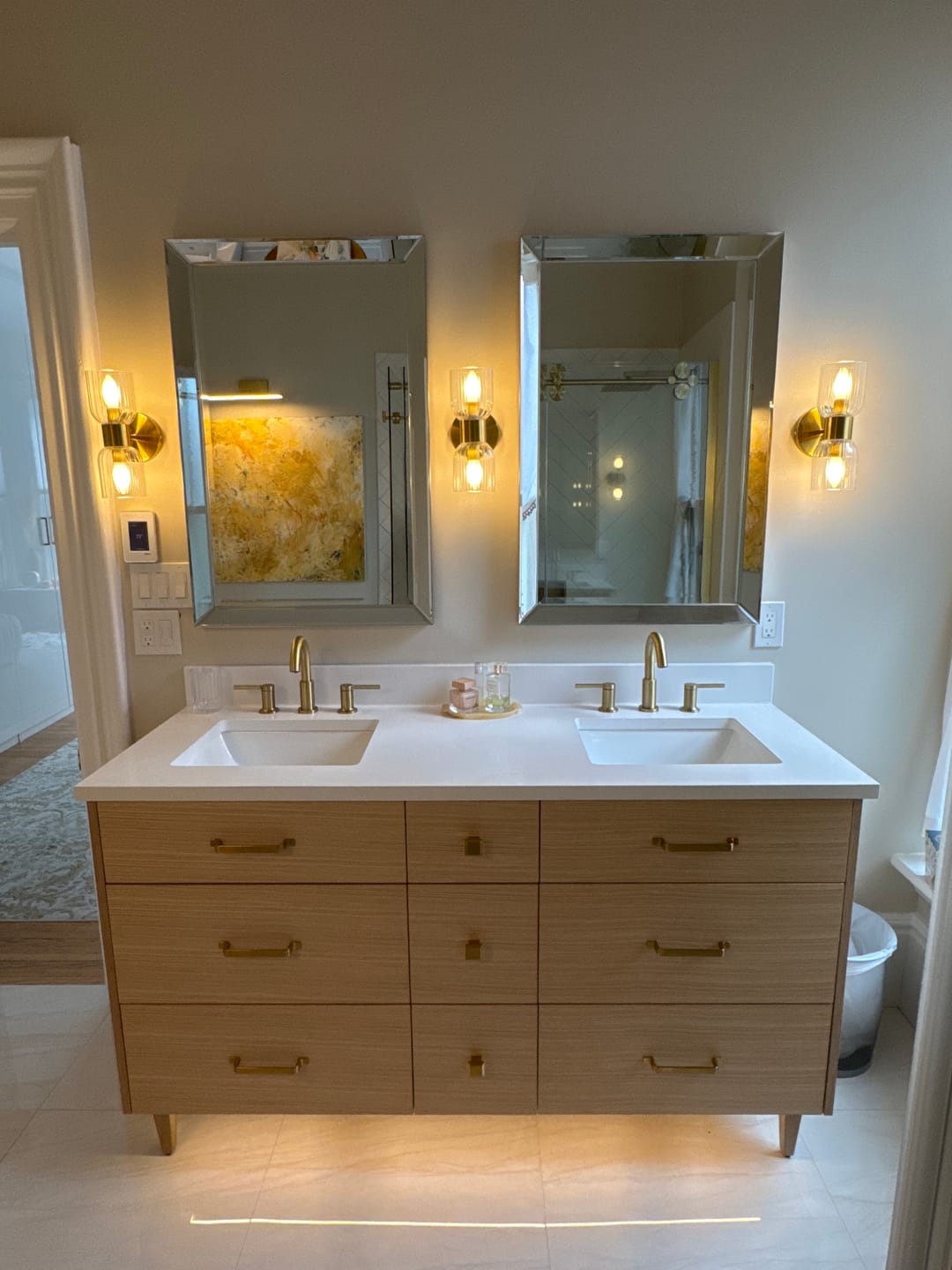 Customer photo review of Ashbury 60" Natural White Oak Bathroom Vanity, Double Sink - All Drawers