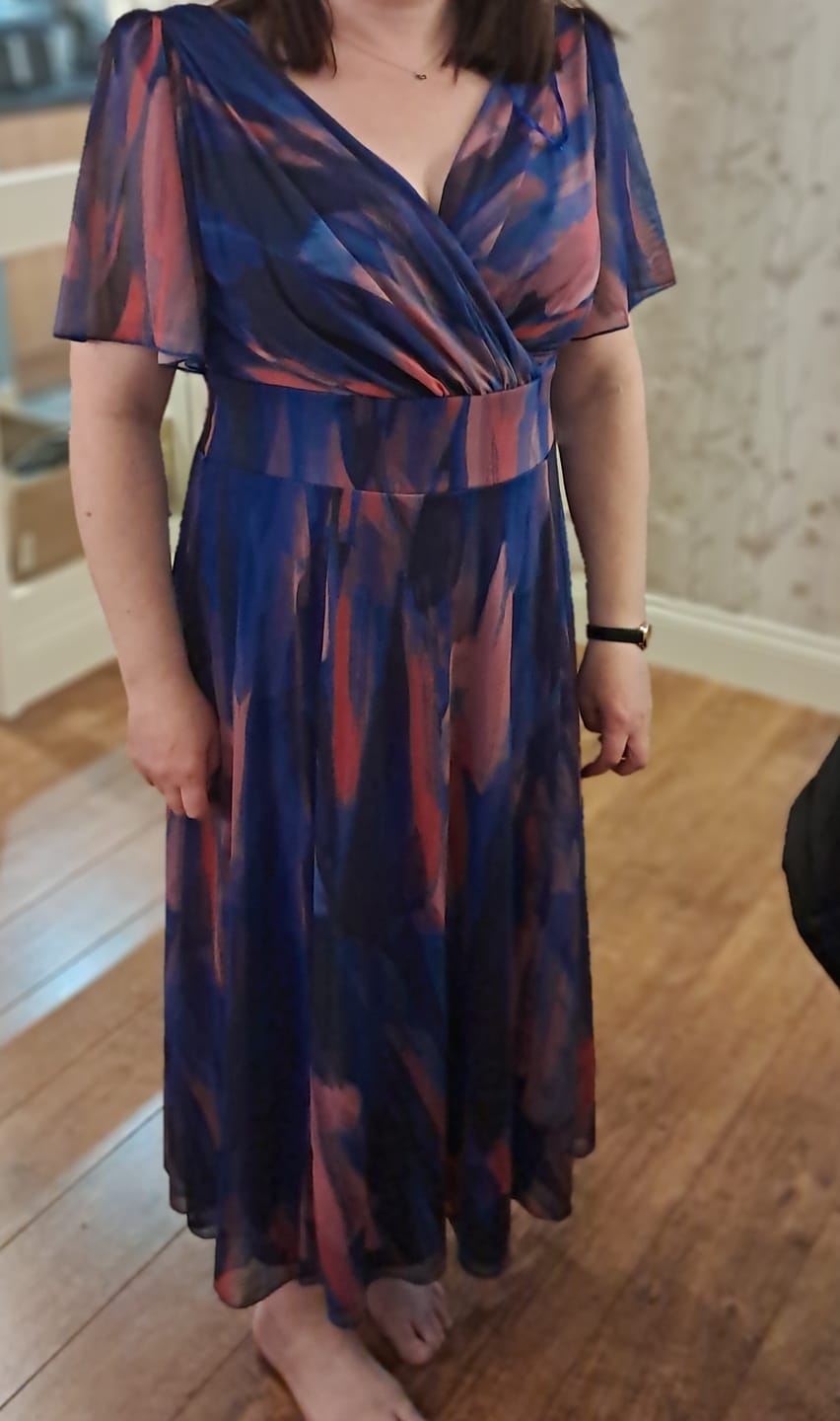 Customer photo review of Victoria Blue Pink Brush Angel Sleeve Mesh Long Midi Dress
