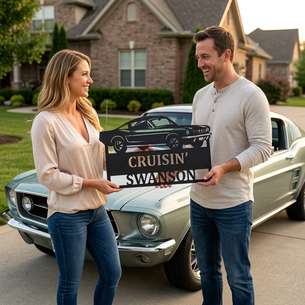 Customer photo review of 1967–1968 Mustang Fastback Metal Wall Art – Personalized Cruisin’ Name Garage Sign
