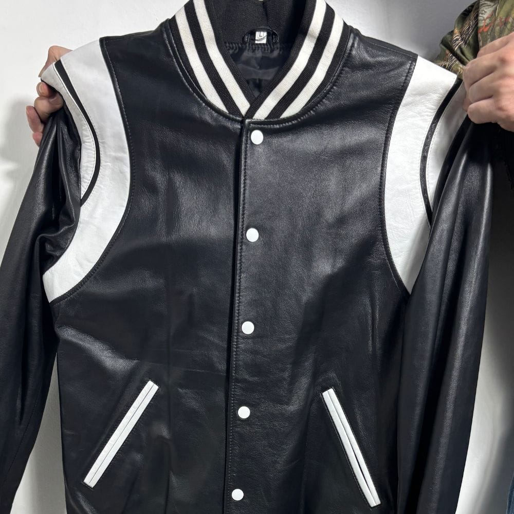 Customer photo review of Campio Varsity Black Leather Jacket For Men