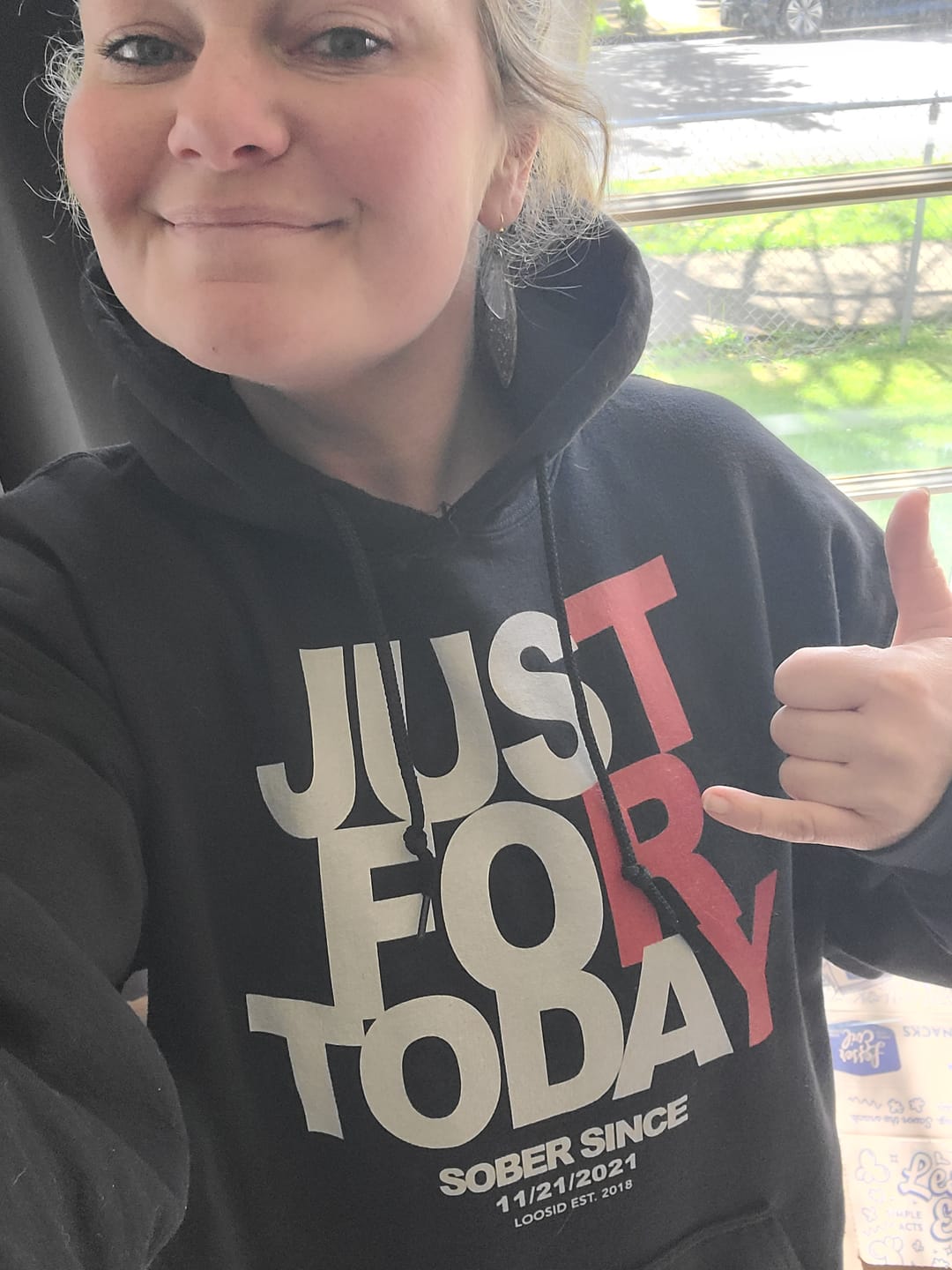 Customer photo review of Recovery Hoodie | Just For Today Custom Sobriety Date Unisex Hoodie