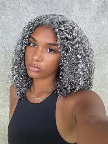 Customer photo review of Luvwin 5x5 Deep Curly Salt And Pepper Glueless Gray Color Pre-Cut Lace Bob Wig