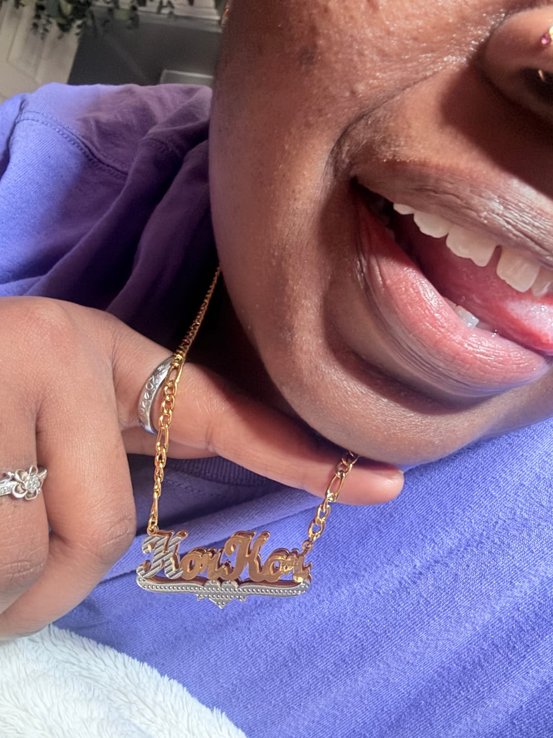 Customer photo review of Double Plated Script Name Necklace w/ Figaro Chain