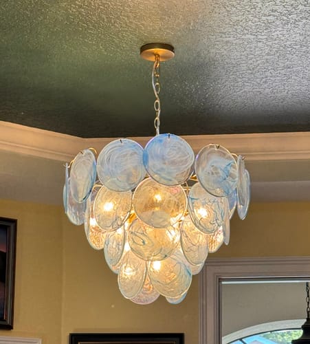 Customer photo review of Glam Blue Iridescent Swirl Glass Round Tiered Chandelier