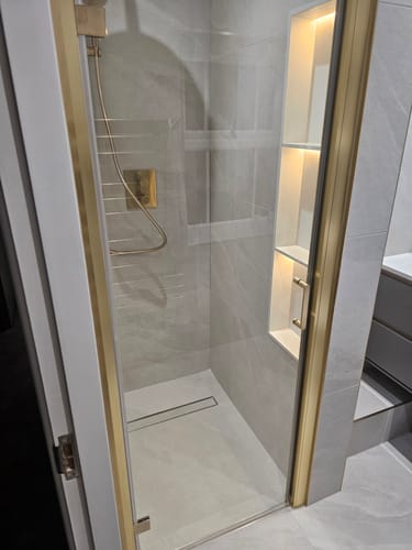 Customer photo review of Lucie Brushed Brass 800mm Hinged Shower Door - 8mm Glass