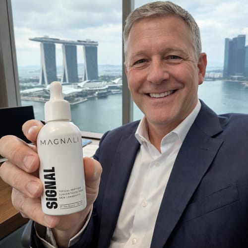 Reviewer smiling while holding the white Magnali Signal bottle in an office with a view of Singapore.