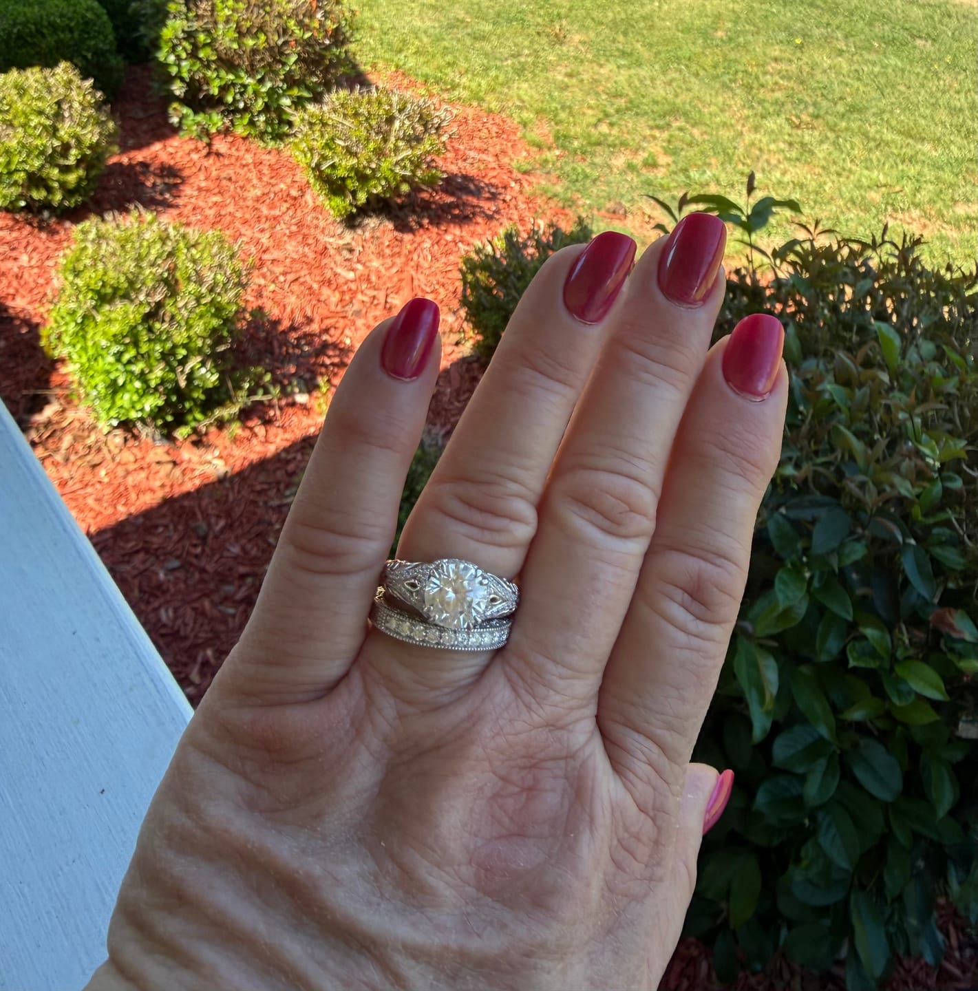 Customer photo review of Vintage Moissanite Pave Open Scroll Accents Engagement Ring