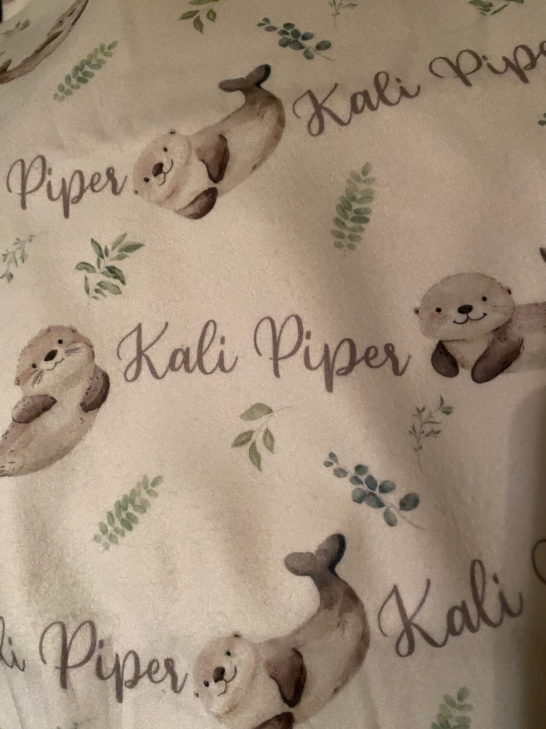 Customer photo review of Playful Otters personalized baby blanket
