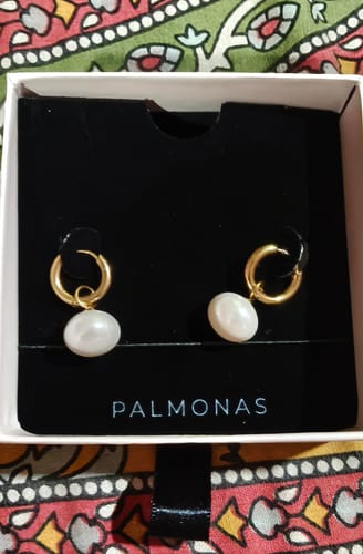Customer photo review of Drop Pearl Hoop Earrings