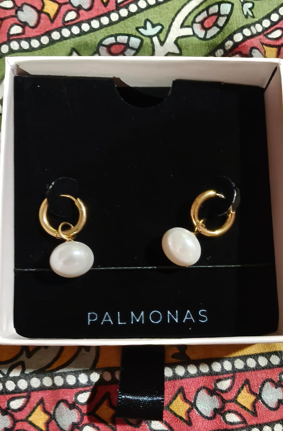 Customer photo review of Drop Pearl Hoop Earrings