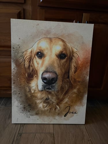 Customer's lovely personalized pet portrait on canvas, showing their dog Jaxx in a watercolor style.