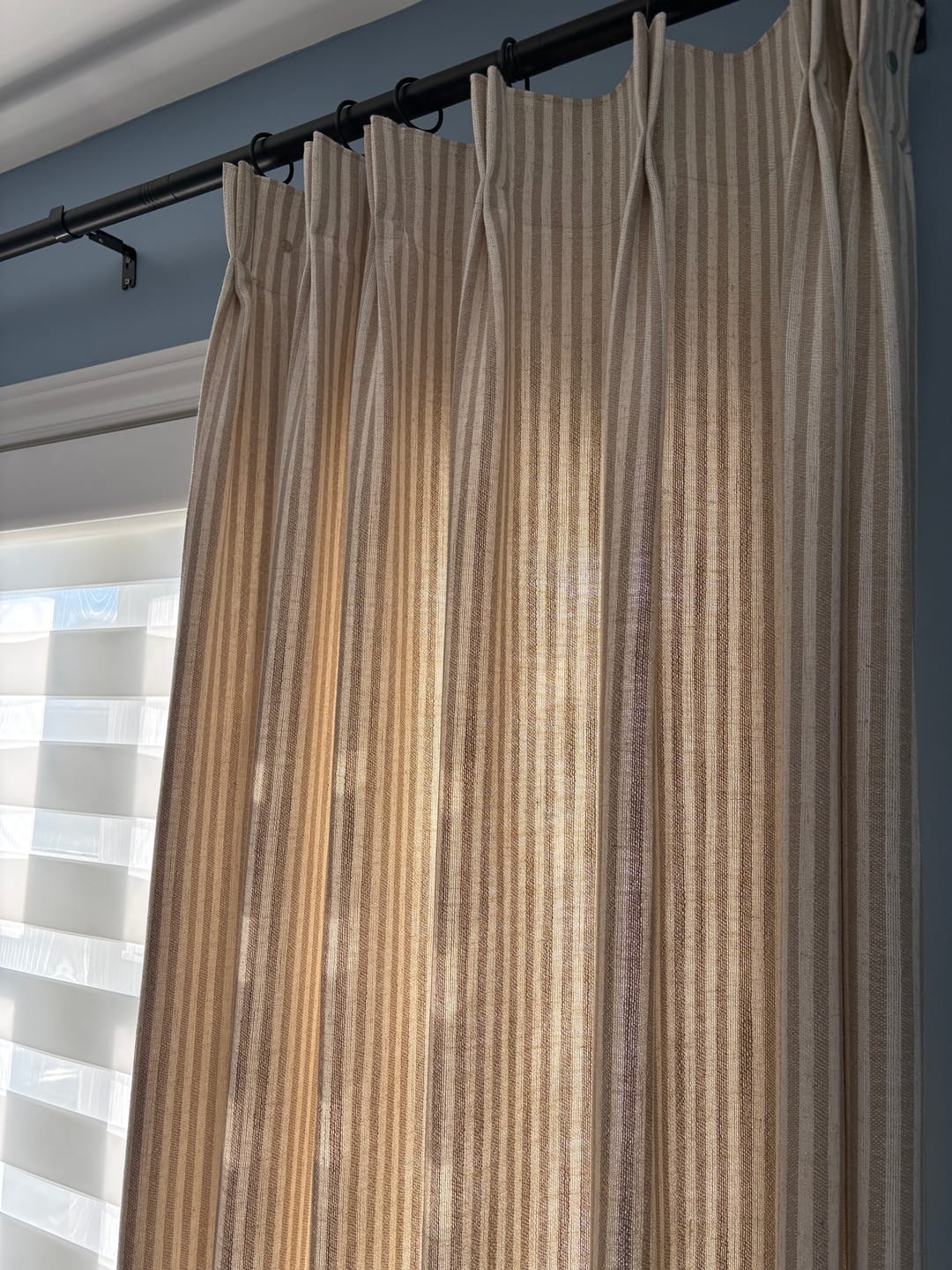 Customer photo review of Linen Stripe Curtains – Pinch Pleat Light Filtering with Optional Blackout (Zaria)