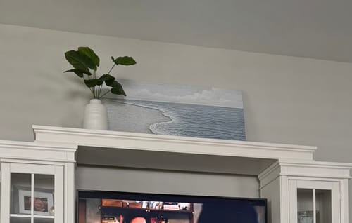 Customer's Abstract Beach Shore Wall Art displayed on a white armoire next to a plant.