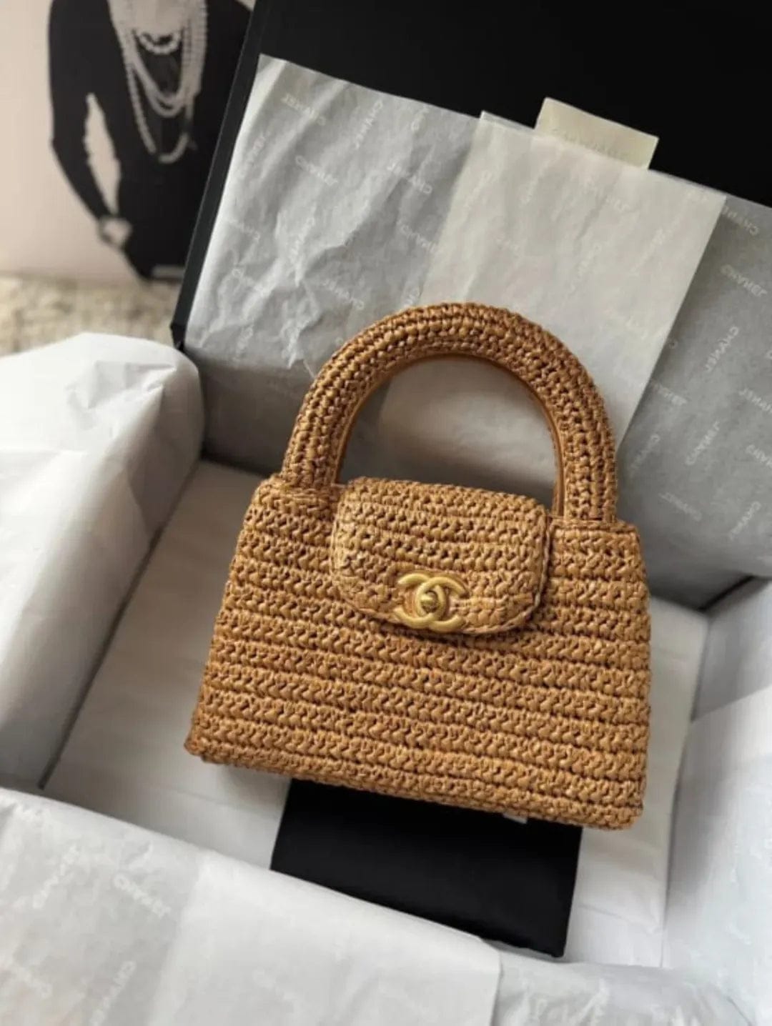 Customer photo review of Chanel 25 Bag 19cm Dark Beige Raffia