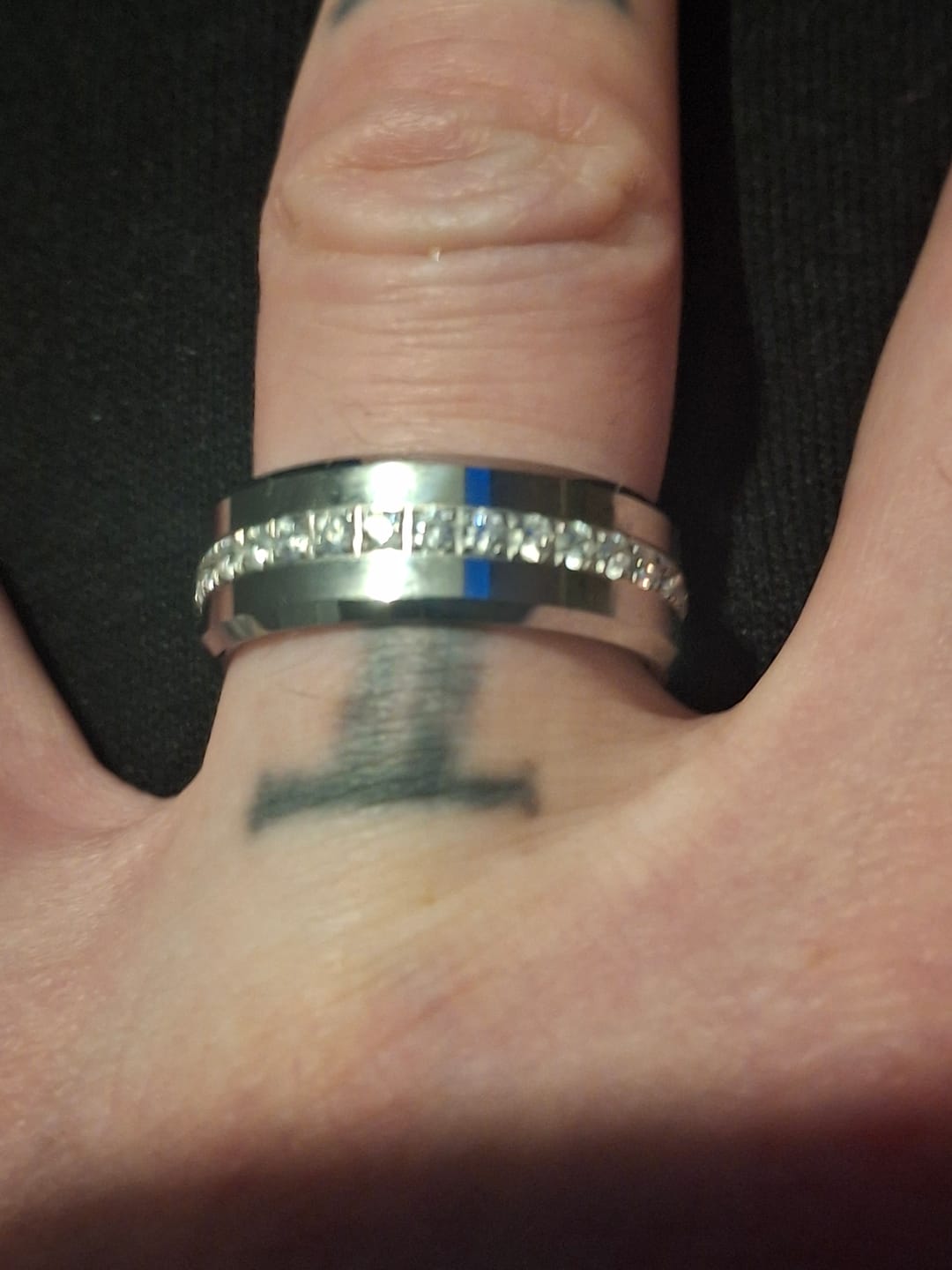 Customer photo review of 8mm - Tungsten Carbide Wedding Band Fully Stacked Cubic Zircon Beveled Edge Comfort Fit