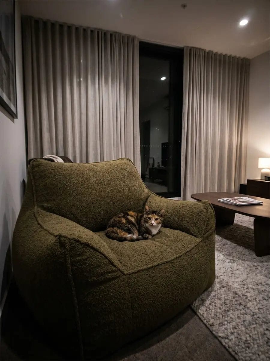 Customer photo review of DODO LOUNGE CHAIR - TEDDY FLEECE DARK OLIVE