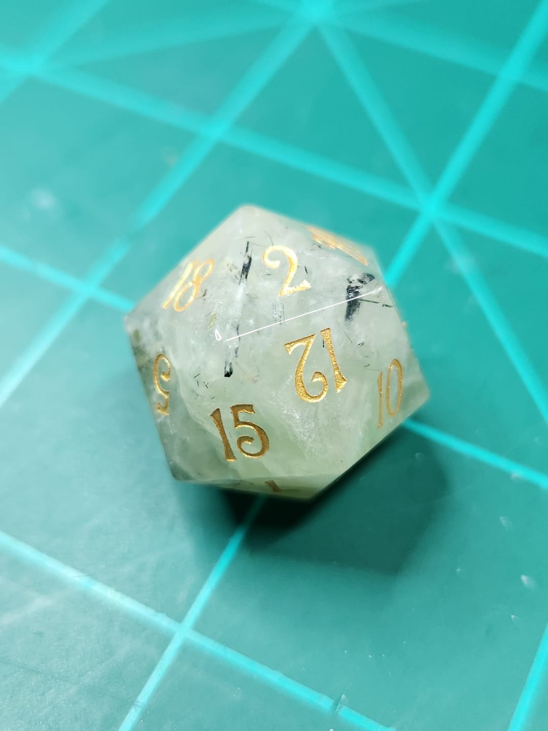 Customer photo review of URWizards D&D Prehnite Gemstone Engraved Dice Set(Limited edition)