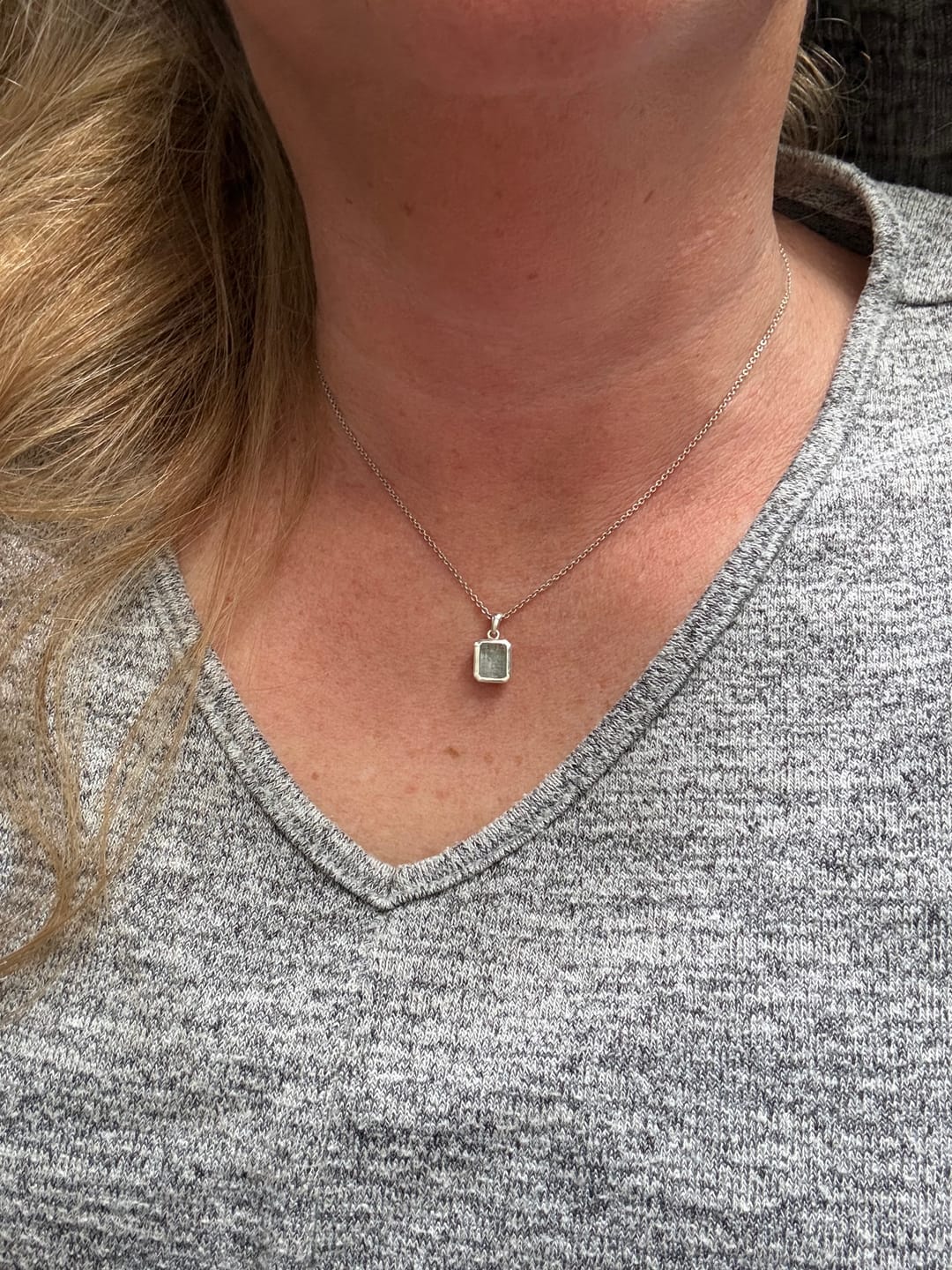 Customer photo review of Dainty Blue Topaz Square Pendant