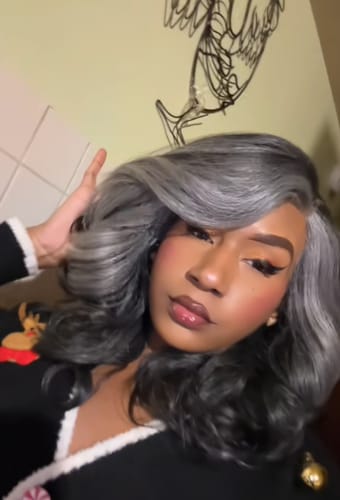 Customer photo review of Luvwin Salt & Pepper Layered Blowout Wave Beginner Friendly Glueless  Gray Wig 100% Human Hair