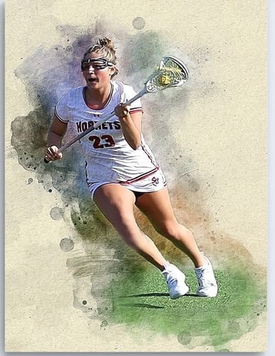 Customer's personalized photo painting of a lacrosse player, created with a unique watercolor effect.