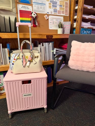 Reviewer's beige LALUVA Warkin Bag with a decorative scarf on the handle, sitting on a pink cart in an office.